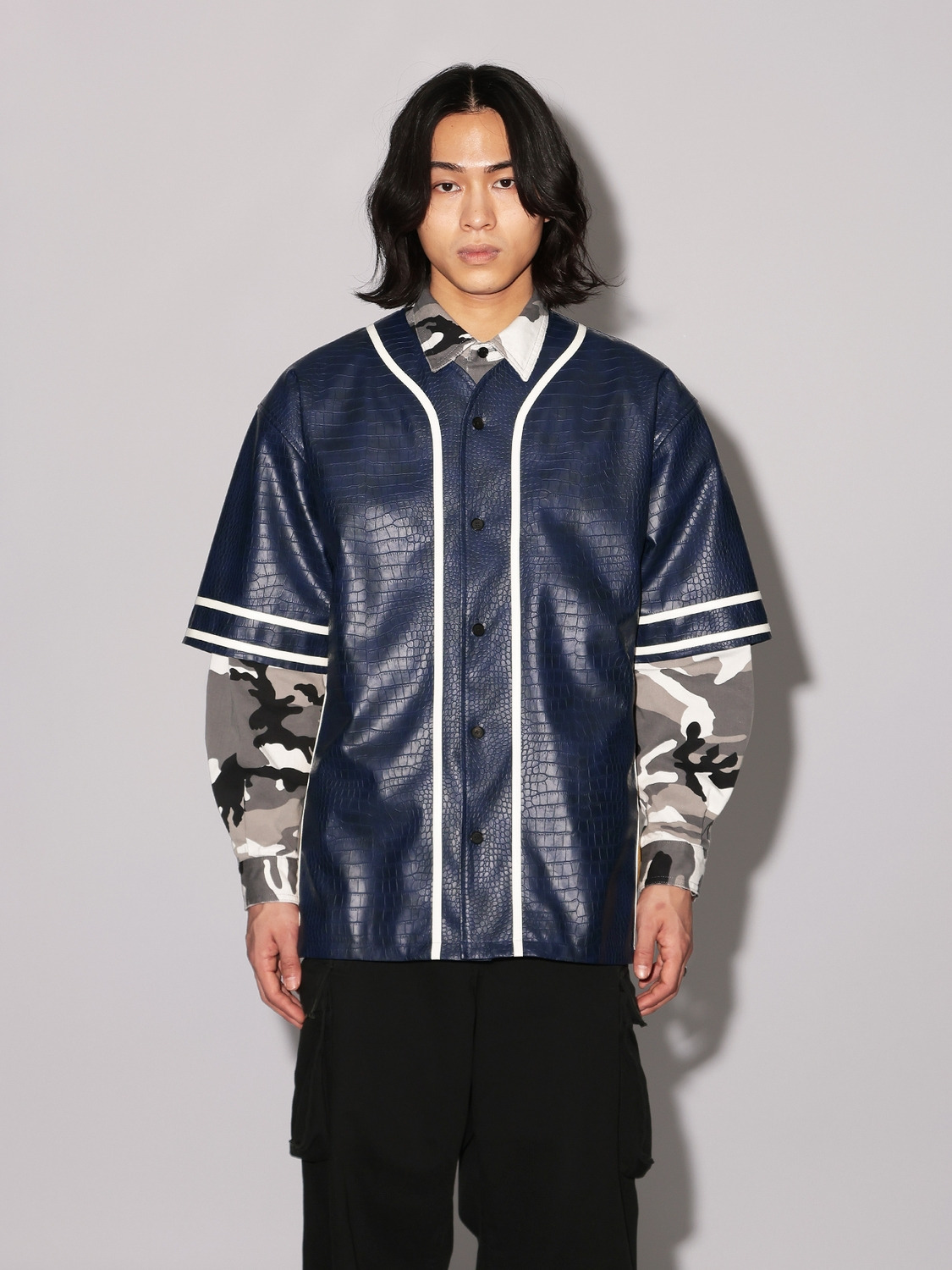 FAKE CROCODILE LEATHER BASEBALL SHIRT 詳細画像 Navy 3