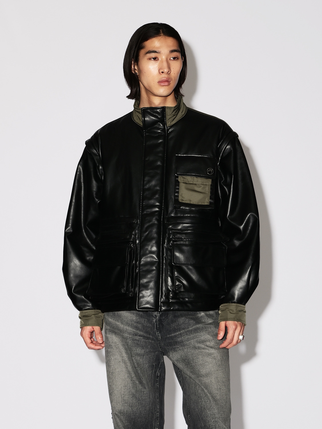 FAKE LEATHER BACK NYLON JACKET 詳細画像 Black 3