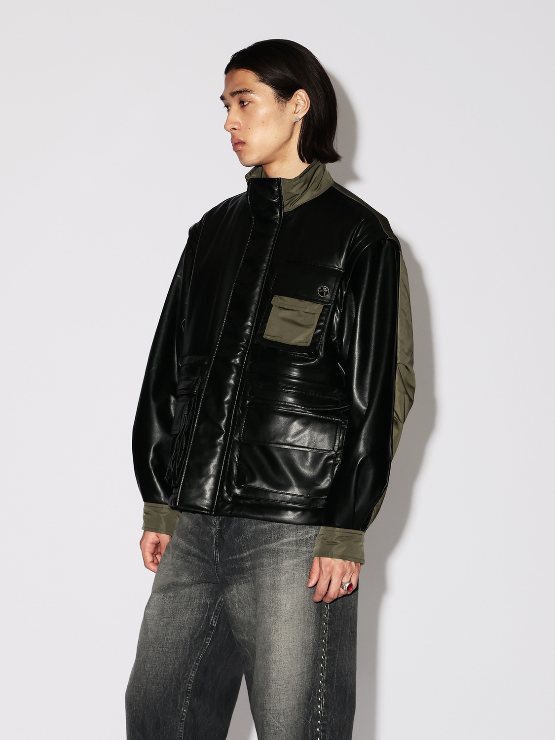 FAKE LEATHER BACK NYLON JACKET 詳細画像 Black 4