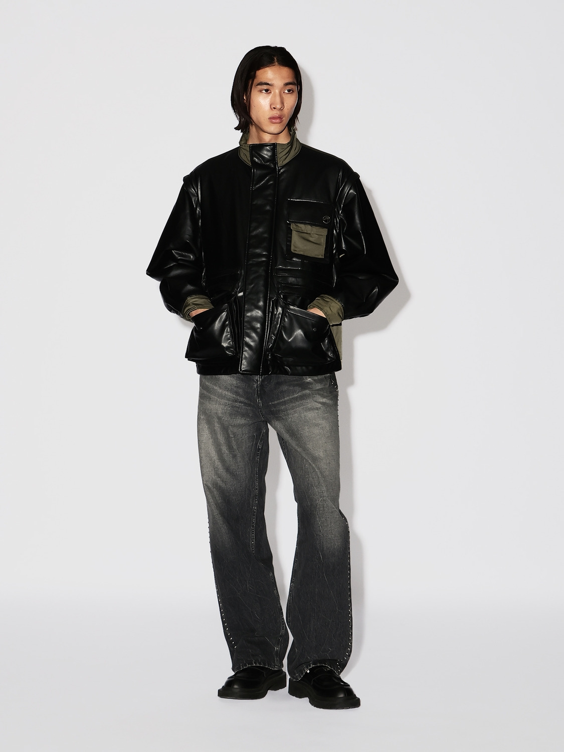 FAKE LEATHER BACK NYLON JACKET 詳細画像 Black 7