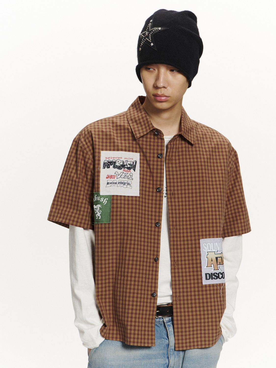 PATCHWORK CHECK SHORT SLEEVE SHIRT 詳細画像 Brown 6